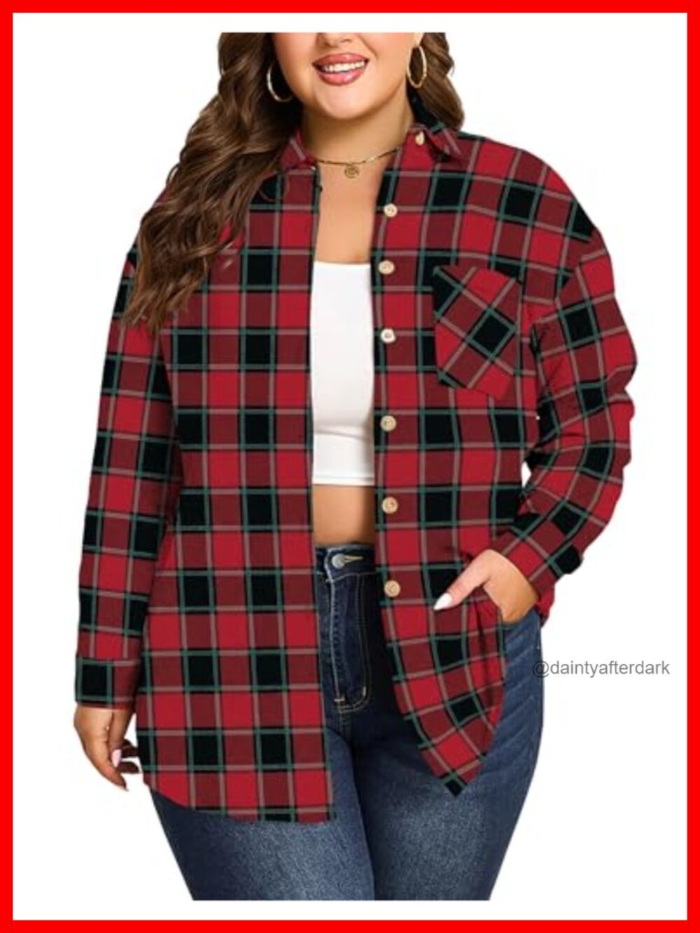 Plus Size Plaid Flannel Button Down Shirt Long Sleeve Collared Blouse